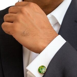 Handmade Green Gold Fluid Art Glass Cabochon Cufflinks by Svetlana Yeung